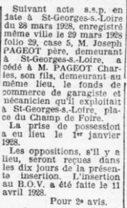 article sur la donnation de l'entreprise de Joseph Pageot à son fils Charles du Petit Courrier du 14 avril 1928