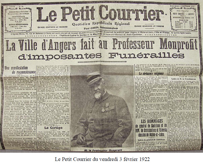 Coupure de presse de 1922 sur les funérailles du professeur Monprofit