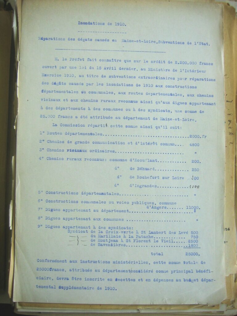 subvention de l'état suite à l'inondation de 1910