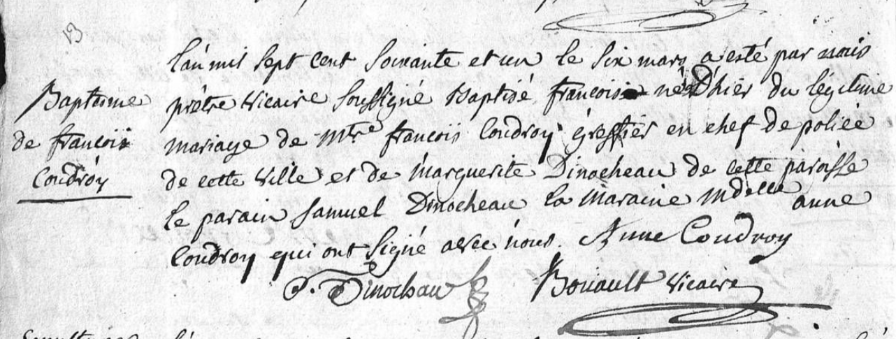 acte de baptème de françois coudroy en 1761 à Beaugenci