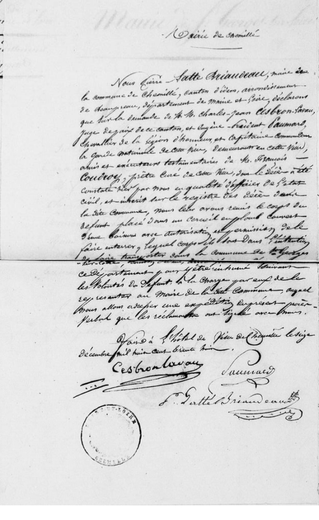 courrier de la mairie de Chemillé pour le transport du corps du curé Coudroy jusqu'à Saint Georges en 1838