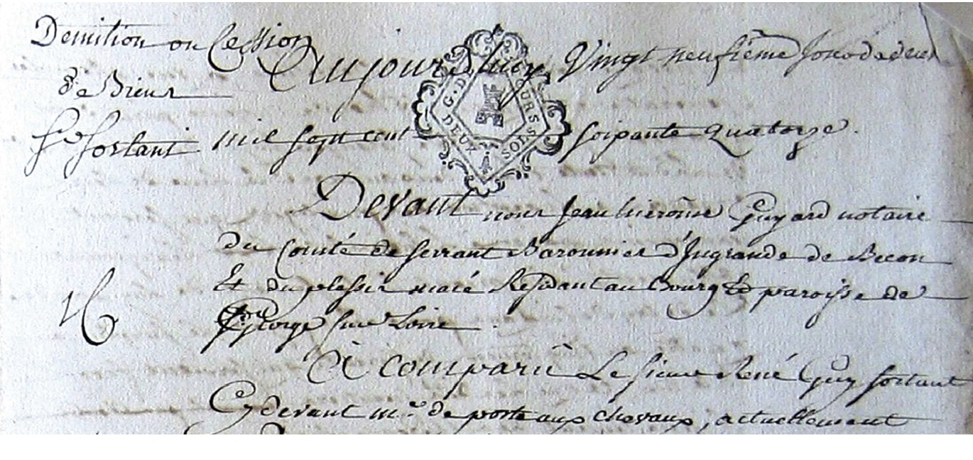 acte notarial de l'affaire sortant en 1774