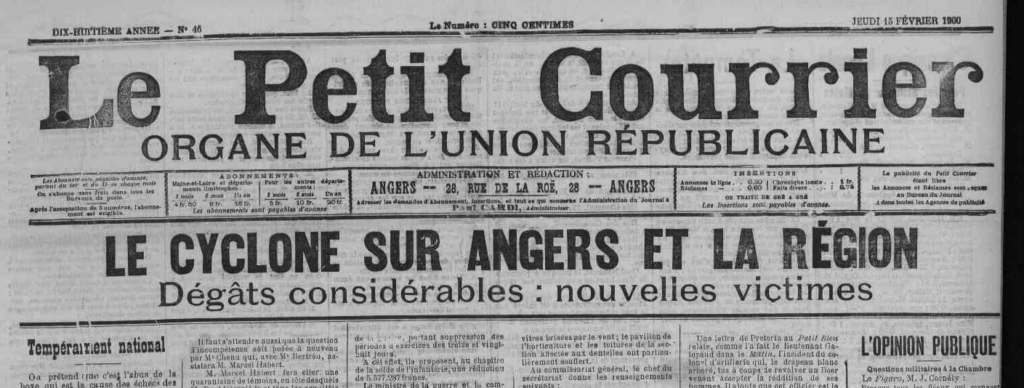 une du petit courrier de 1900 annonçant un cyclone à Angers