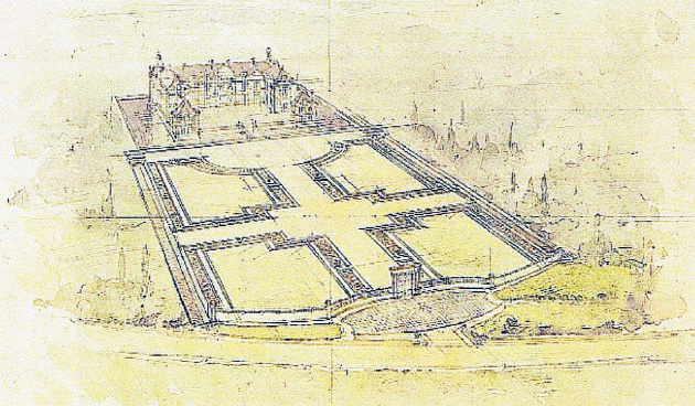 Dessin du projet d'aménagement de l'avant cour du chateau de serrant par lucien magne en 1901