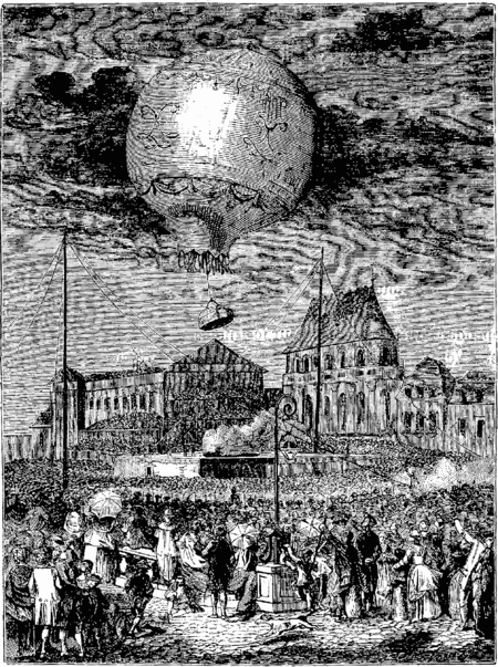 gravur du vol aérostatique du 19 septembre 1783 à Versailles par les frères Montgolfier