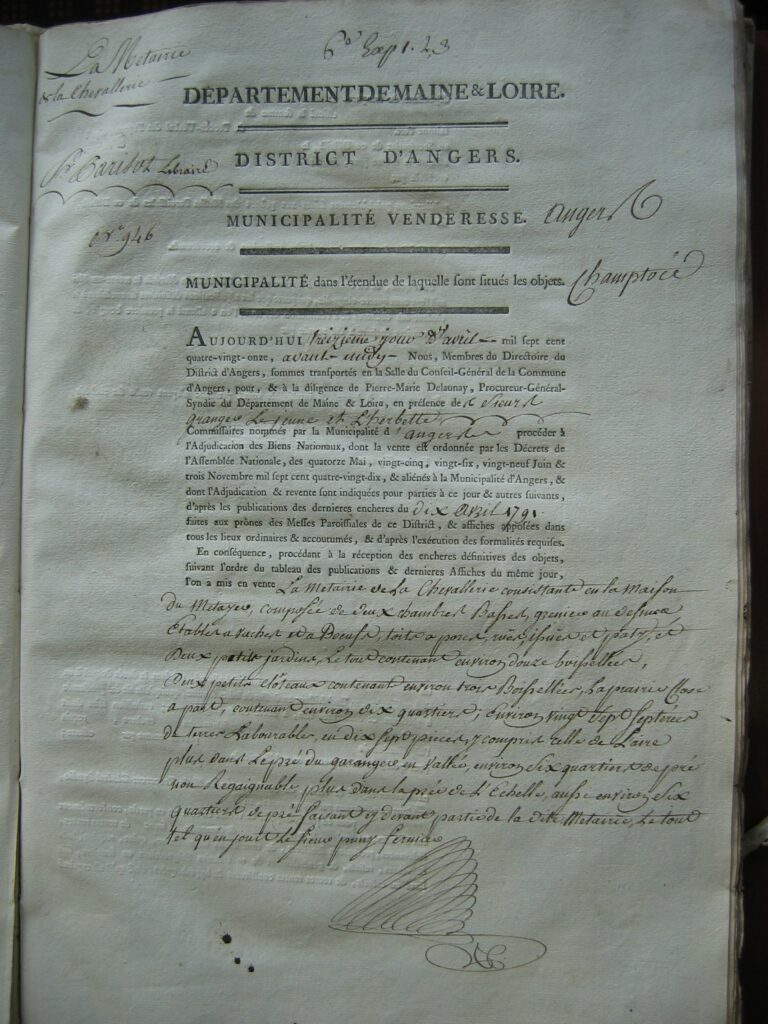actes de vente de la métairie de la chevallerie en 1791