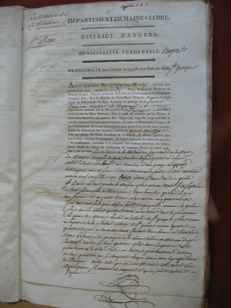 acte de vente de la métairie de la thibauderie en 1791