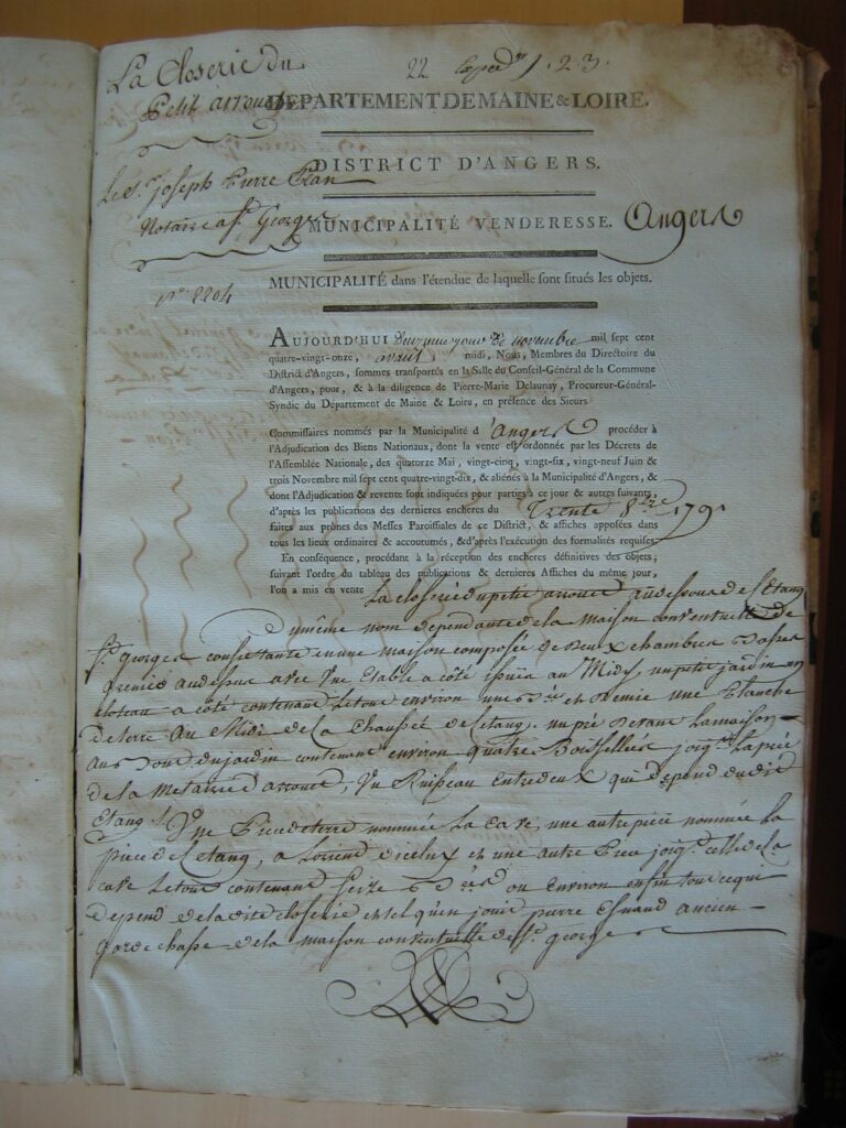 acte de vente de la closerie du Petit Arrouet en 1791