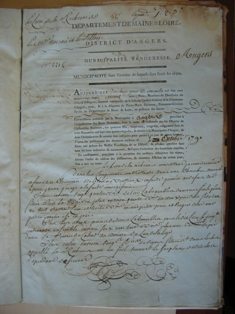 acte de vente de la richeraie en 1791