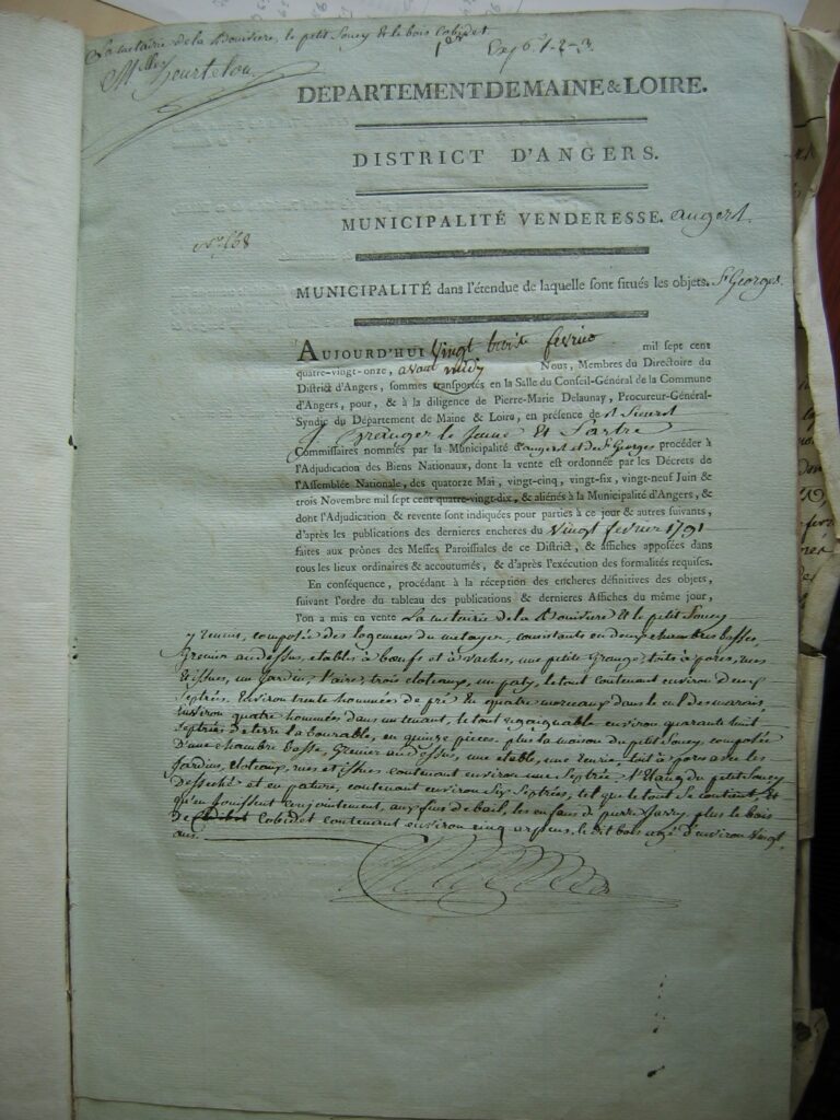 acte de vente de la bouvière en 1791